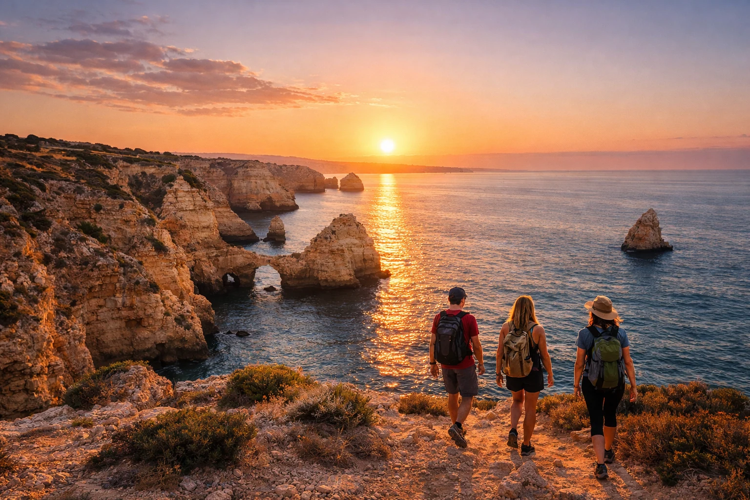 Visitors enjoying the Algarve coastline at sunset